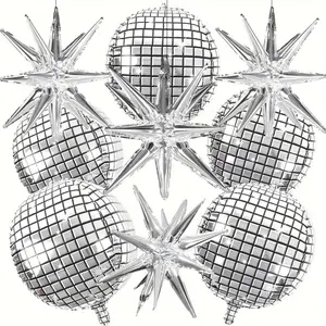 9pcs Large 4D Metal Silver Disco Aluminum Balloons, Explosion Stars for Disco Theme, Retro Party, Singles Party, Birthday, New Year, Christmas Decorations