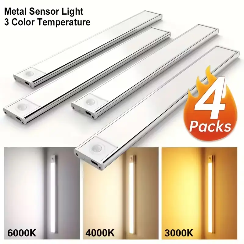 1/2/4pcs Cabinet Lights With 34/ 54 LEDs,15.74inch/USB Rechargeable, Magnetic Strip Install, 3 Adjustable Temperature And Brightness, Aluminum Shell, Room Decoration Suit/Rechargeable Dimmer Motion Sensor Lights/Waterproof Motion Sensor Cabinet Lights