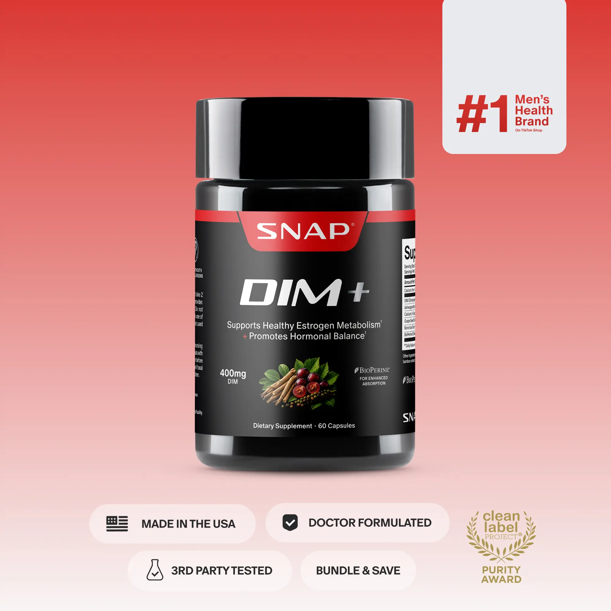 Snap Supplements - DIM - Men's Estrogen Balance & Hormone Metabolism Support - 400mg DIM, Calcium D-Glucarate, Ashwagandha & Boron - Healthy Cortisol & Stress Support - Vegan, Non-GMO, 3rd Party Tested - 60 Capsules