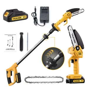 Cordless 2-in-1 Pole Saw, 6-Inch Brushless Mini Chainsaw with Pole Extension, Handheld Electric Chain Saw with 2 x 2000mAh Batteries for Tree Limb Pruning (Yellow)