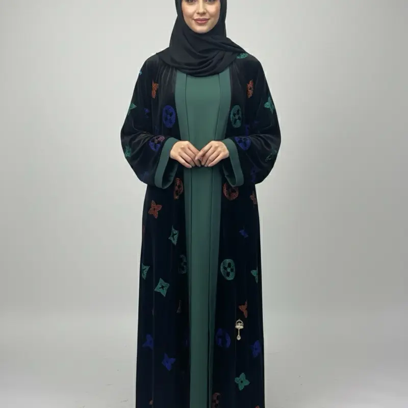 Dubai Velvet Abaya with Green Inner - Elegant Floral Design Abaya for Women