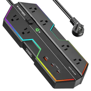 4000J Gaming Power Strip Surge Protector - 20W PD USB-C Fast Charge, 6 Wide-Spaced Outlets, RGB Lighting