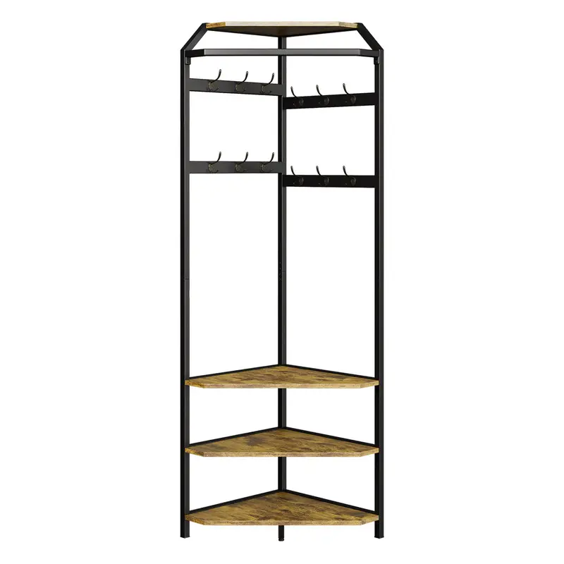 Corner Coat Rack with Shoe Bench Entryway and 12 Double Hooks, Corner Hall Tree - Corner Clothes Rack with Storage Corner Tree with Organizer Shoe Bench Shelf for Entryway, Hallway, Closet, Grey