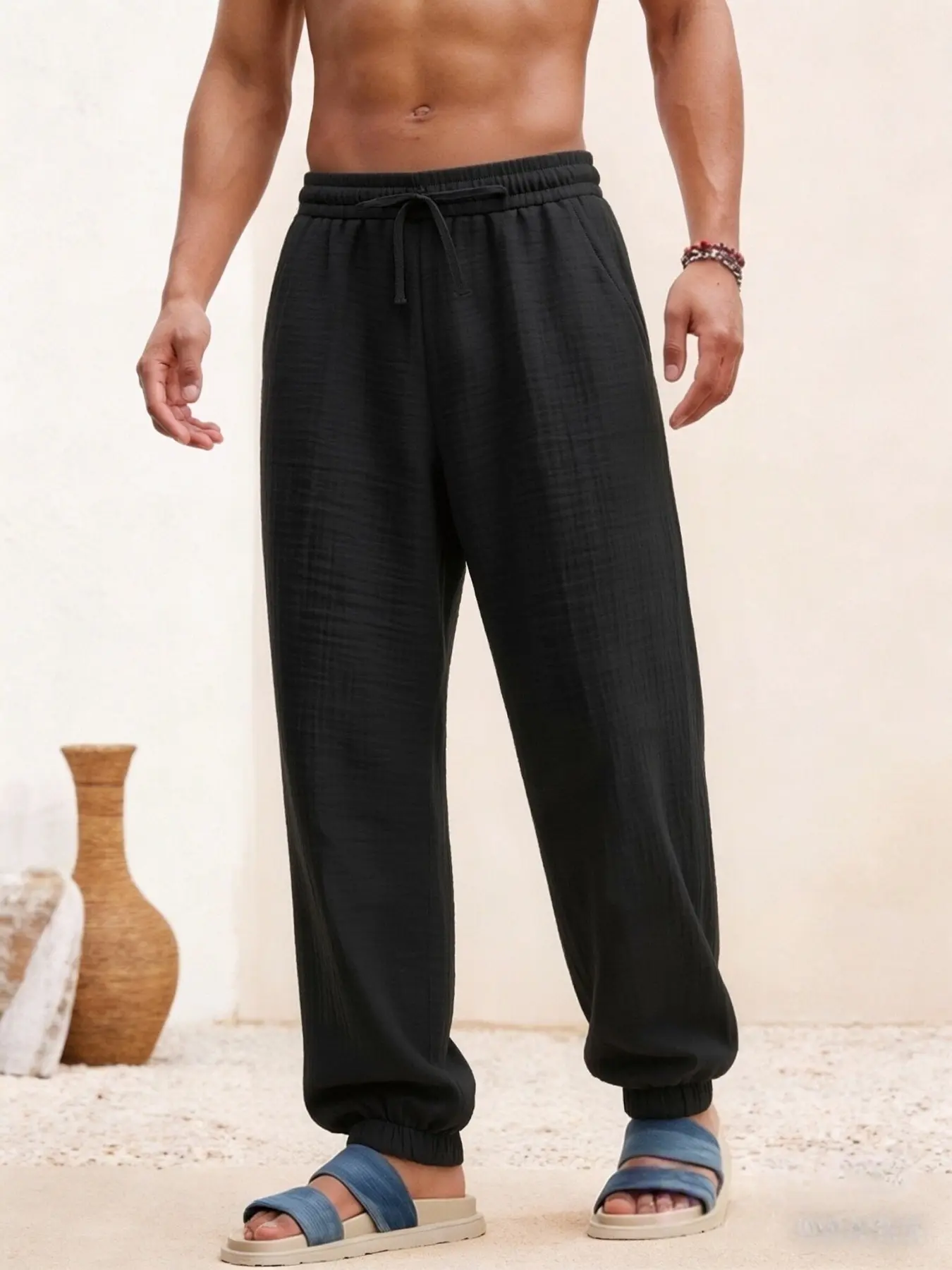 Men's casual comfy drawstring linen long pants, Casual Elastic Waist, loose fit with elasticized cuffs, summer beach pants, lightweight and breathable fabric, perfect for daily wear and outdoor sports pants