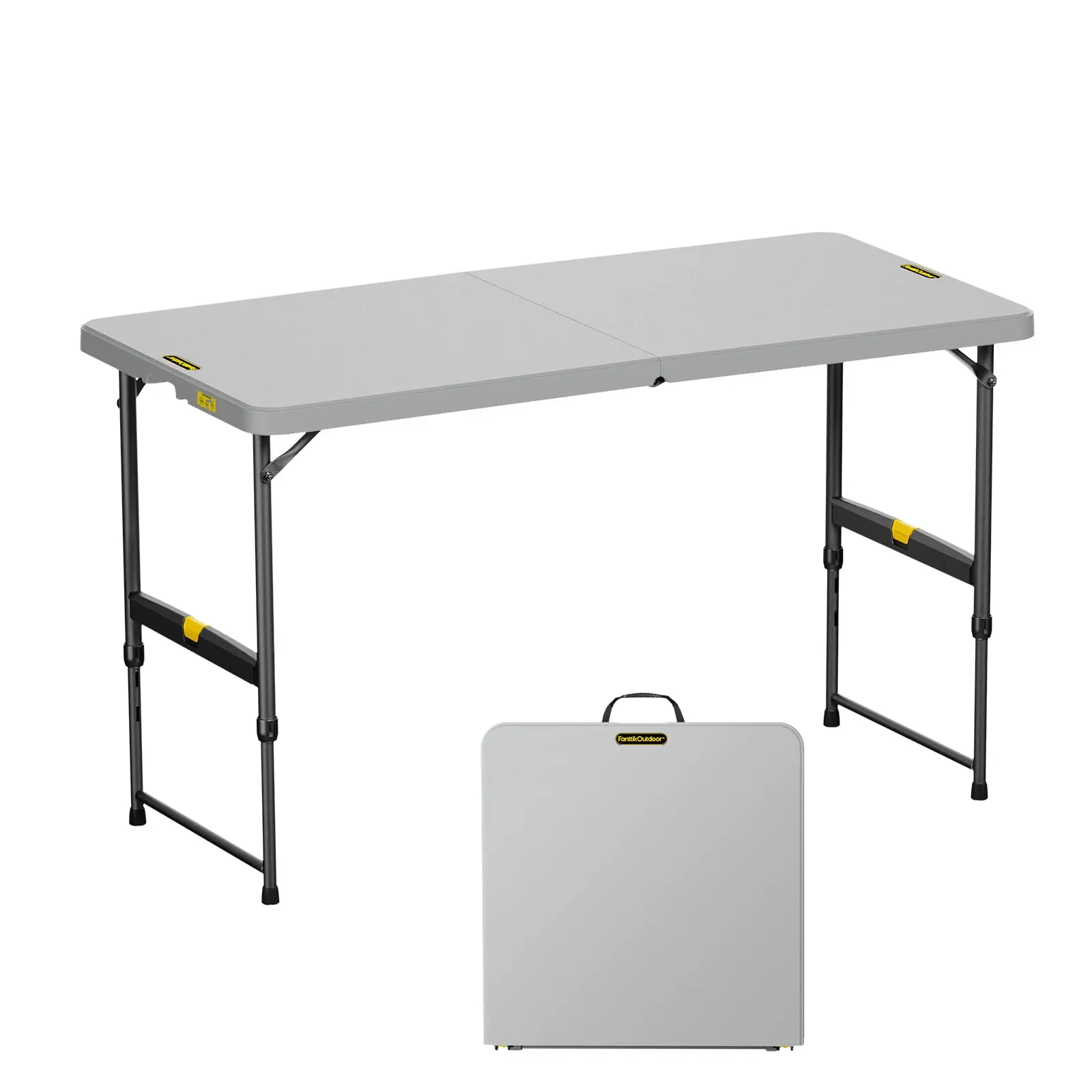 Fanttik Outdoor 4ft Portable Folding Table, One-Handed Height Adjustment, 4 Heights, Gravity Lock, Carry Handle, Indoor Outdoor Heavy Duty Fold-in-Hal