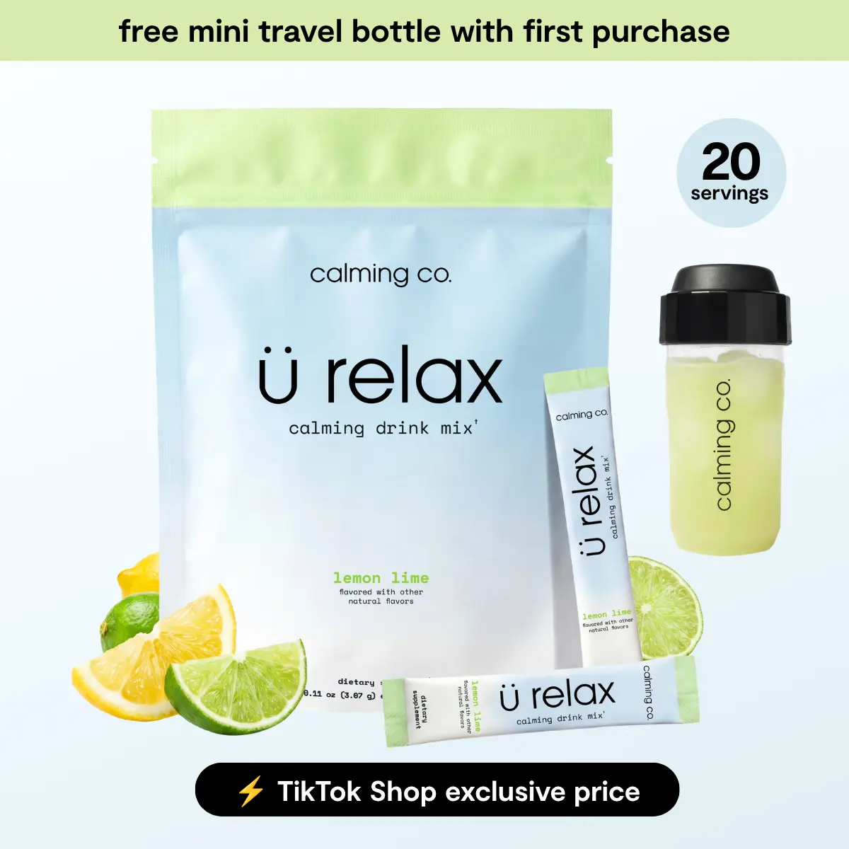 Ü Relax 2.0 | Lemon Lime | Calming Drink Mix | Bluenesse Lemon Balm, KSM-66 Ashwagandha, Chelated Magnesium Glycinate, L-Theanine & Vitamin D3 | Dual-Action Cortisol Support for Stress-Relief | Calming Co.
