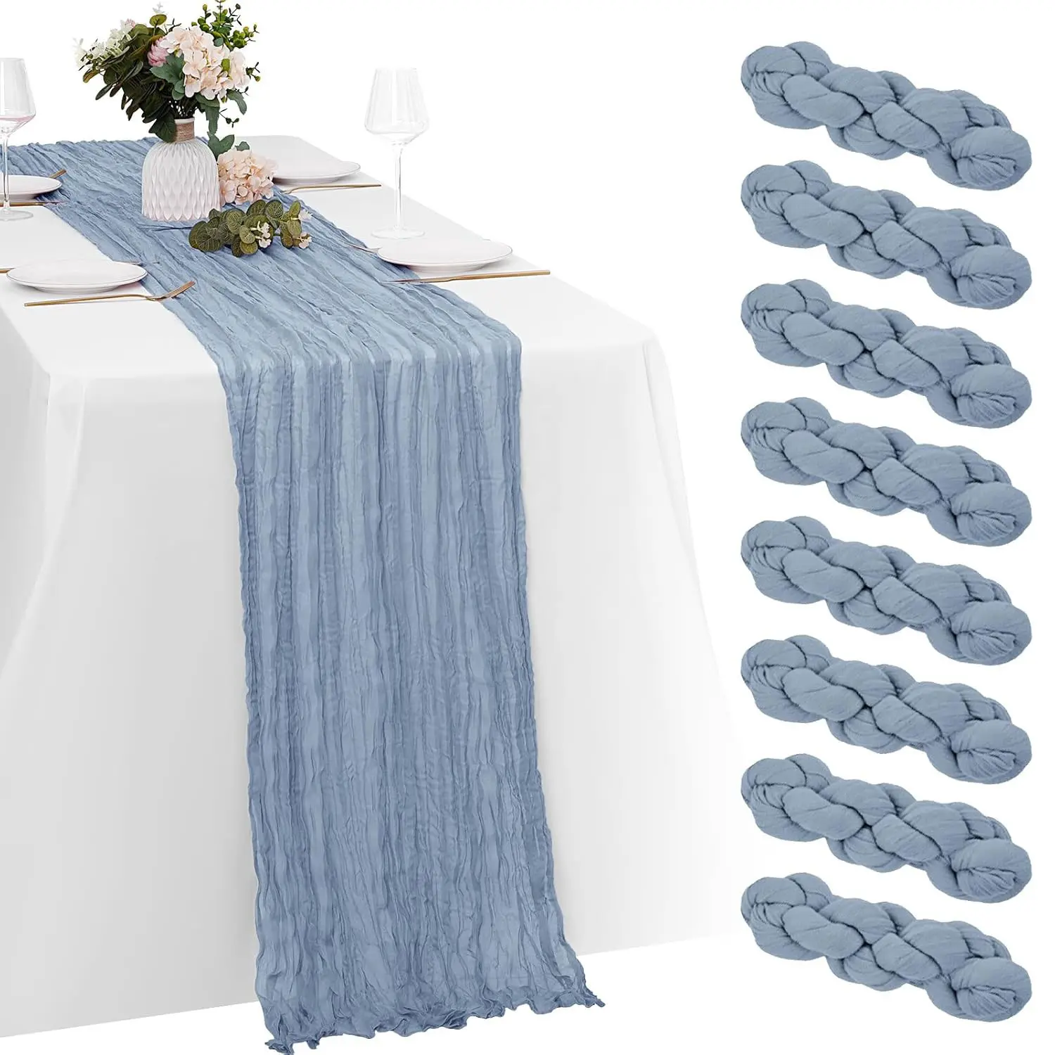 Dusty Blue Cheesecloth Table Runners, 10-Pack Boho Rustic Chic Gauze Linens (17x108in/9FT) - Open Weave Sheer, Machine Washable Indoor/Outdoor Decor for Bridal Showers, Christmas, Wedding Events, Boho Aesthetic
