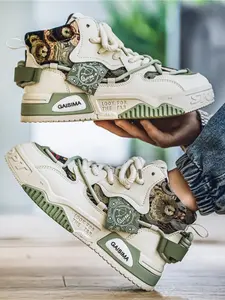 Men's Beige-Brown Bear Print High-Top Sneakers, Trendy Cute Casual Style, Cartoon Print + Platform Design + Logo Decor, Eye-Catching Style, Comfortable Fit , Ideal for Daily Commuting & Street Wear Scenarios