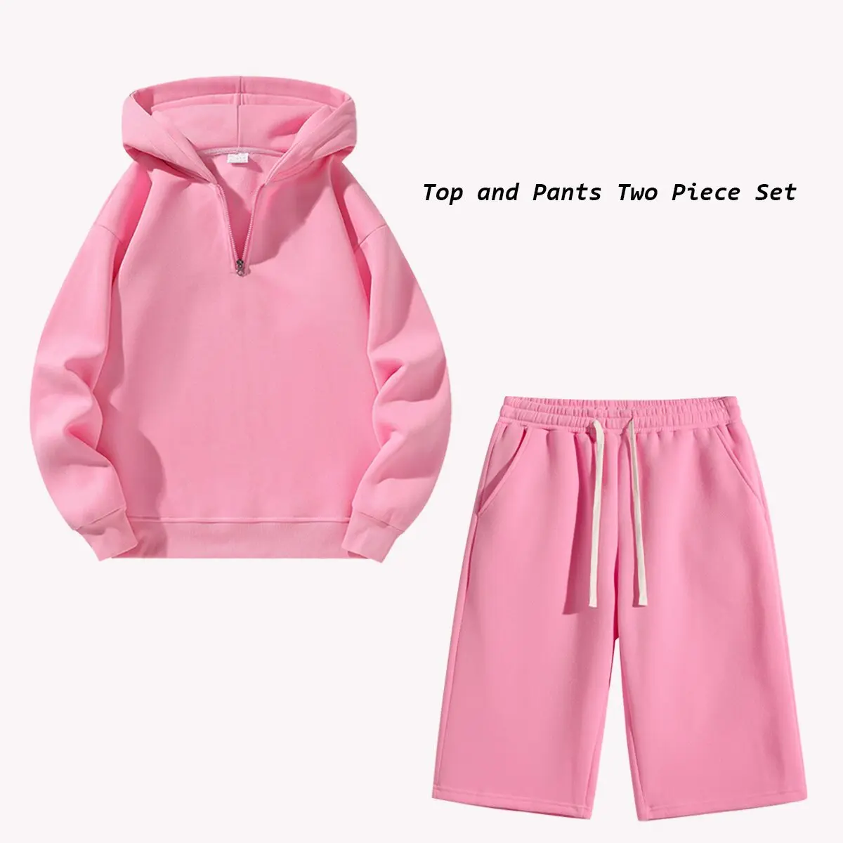Men’s half zip hooded sweatshirt + 3/4 athletic shorts two piece set; slim fit casual wide leg shorts with an adjustable drawstring elastic waistband; solid color design; streetwear for all seasons with a summer vibe.