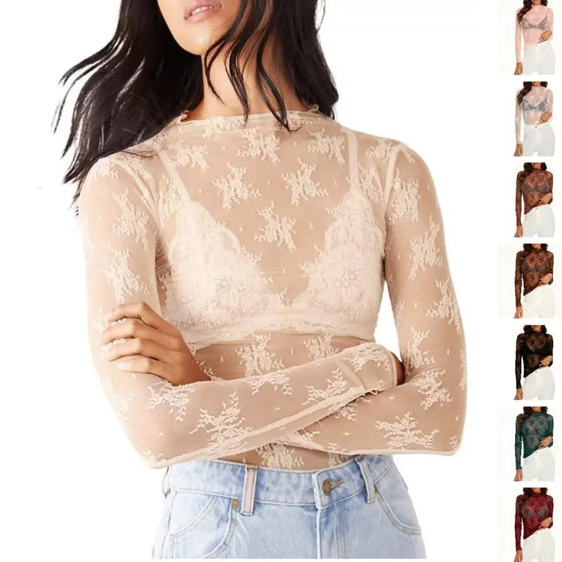 Sheer Mesh Lace Layered Blouse for Women - Mandarin Collar Transparent Long Sleeve Shirt, Elegant Fashion See-Through Top