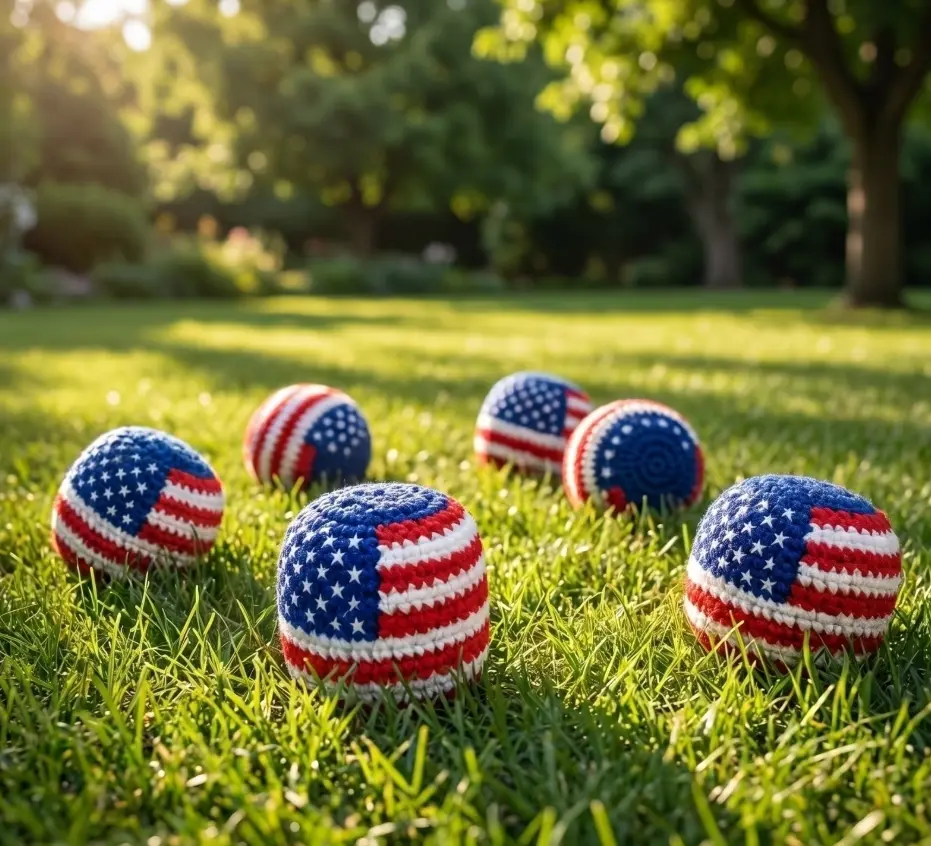 Hacky Sacks 8 Pack, Handmade Crochet Footbags with Patriotic USA Flag Design for Teens & Adults, Soft Mini Fabric with a Great Grip for Juggling, Crochet Fabric