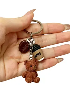 Coffee Theme Cute Bear Charm Keychain, Mini 3D Bear Figurine, Coffee Bean Cup Keyring, Couple Keychain, Soft Gel Pendant, Car Key Holder