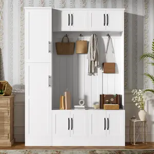 VIBE HAUS 79'' Tall Modern Hall Tree with Shoe Storage, 4-in-1 Entryway Bench with 6 Cabinets, 4 Coat Hooks & Adjustable Shelf for Hallway, living room, White