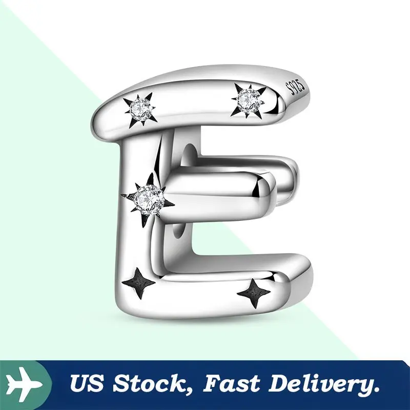 Initial Letter E Charm in 925 Sterling Silver, Hypoallergenic Jewelry for Women, Fits European Bracelets and DIY Alphabet Letter Necklace, Mother's Day, Valentine's Day