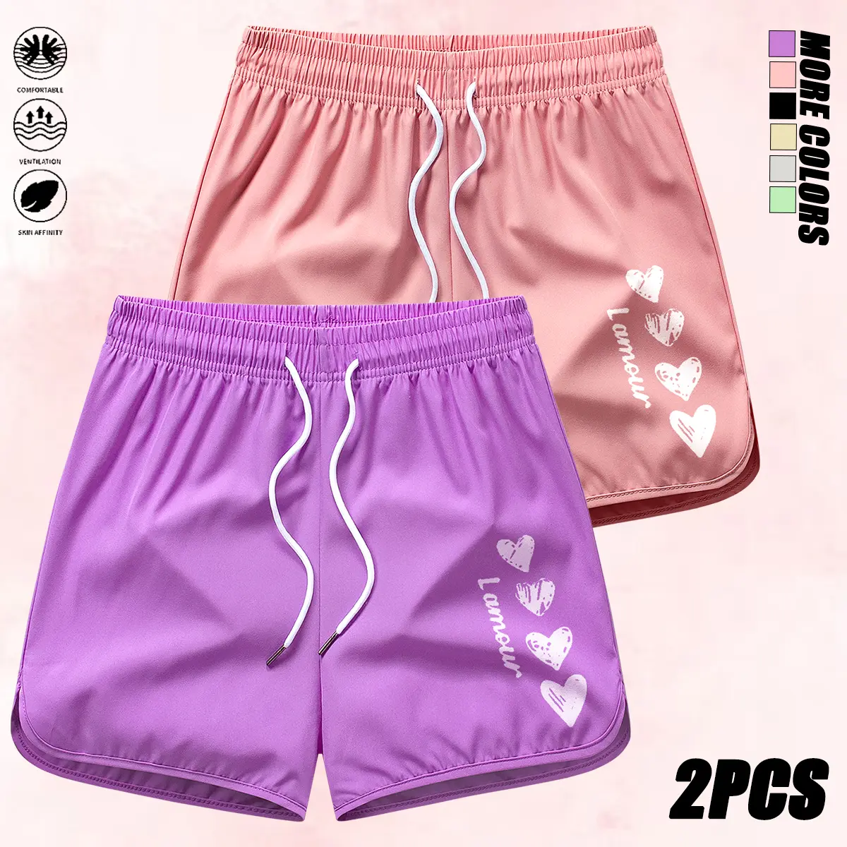Set of 2 women’s fashion shorts featuring a drawstring elastic design; suitable for running, yoga/fitness, and commuting to work; summer clothing, womenswear, women’s shorts.