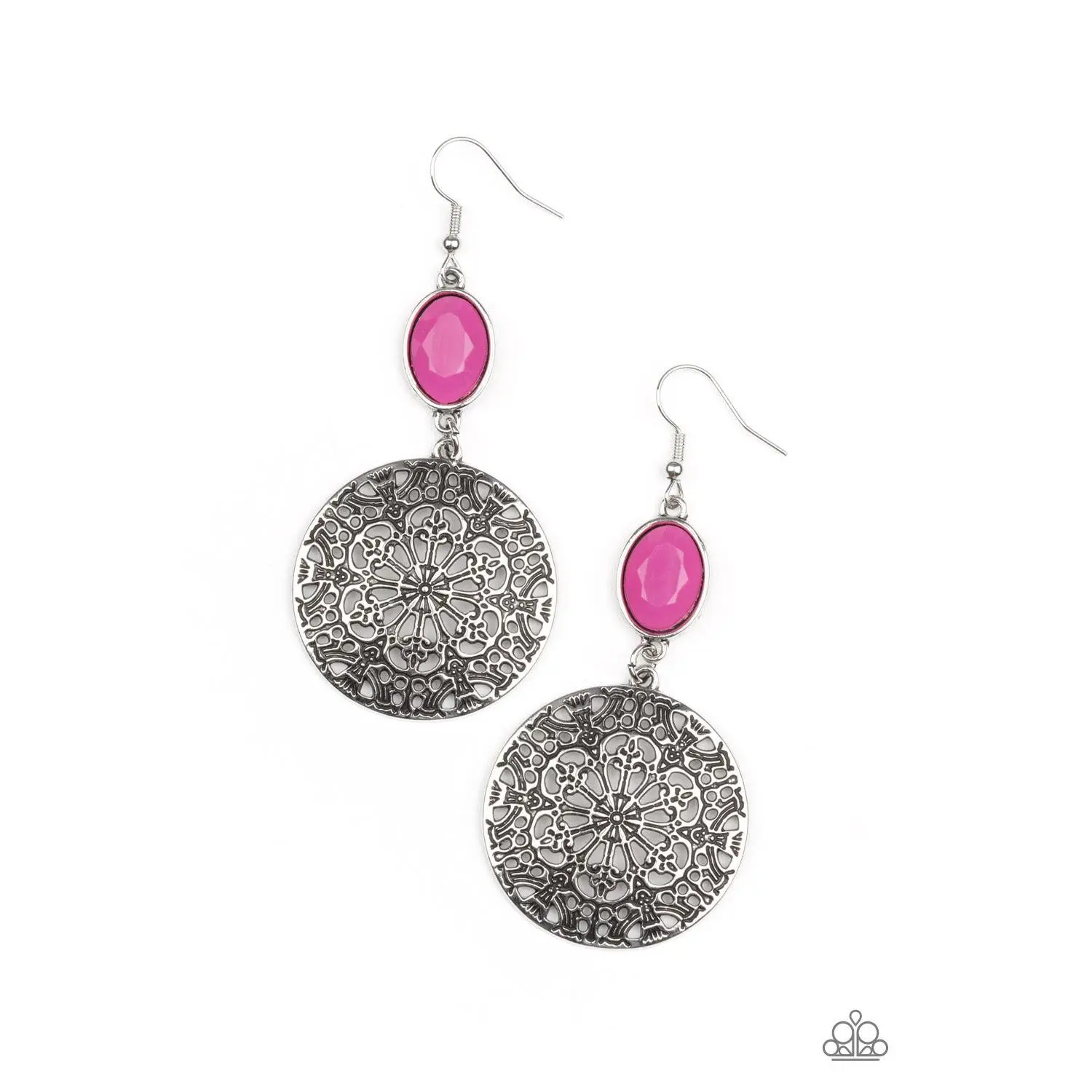 Eloquently Eden - Pink Bead Silver Medallion Earrings - Paparazzi