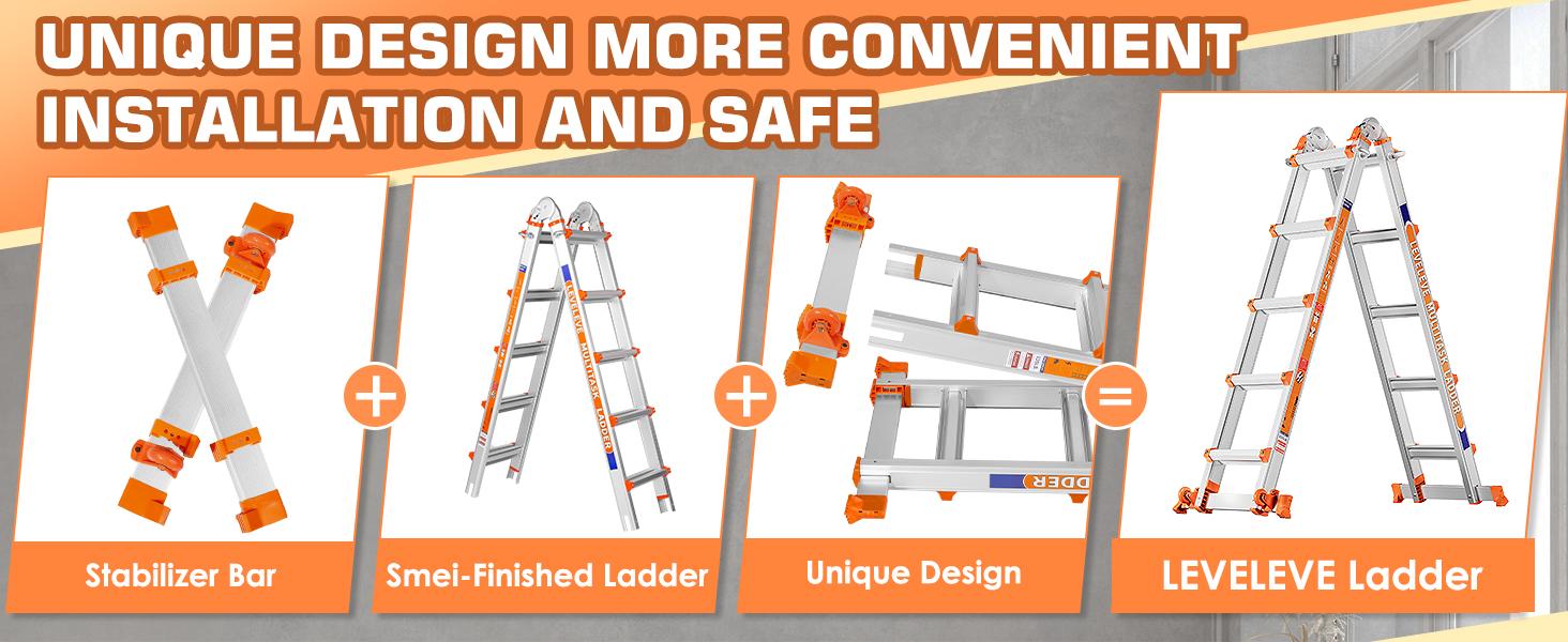 Multi-Position Extension Ladder, A-Frame Step Ladder with Stabilizer Bar & Wheels, 330LBS Security Load, Safe for Stairs, Home, Indoor, Outdoor & Roof Work