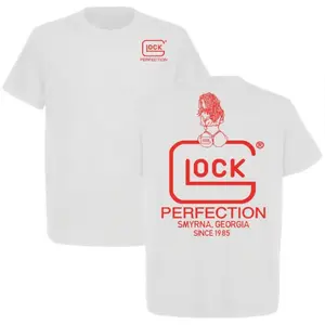 A sexy girl sitting on a Glock logo T-shirt, a gift for Glock fans, unisex short-sleeve casual style, 100% cotton, tactical gear, made in the USA