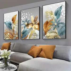 3pcs Luxury Golden Leaves Abstract Canvas Paintings, Butterfly Canvas Wall Art Hanging Wall Art for Bathroom Bedroom Office Living Room Home Wall Decor, No Frame