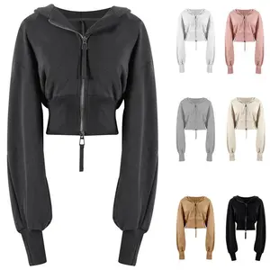 CroppedHoodieDoubleZipperWorkoutJacketWithThumbHoles|Women'sStylishAthleticCropTopFabricWomenswearZiphoodies