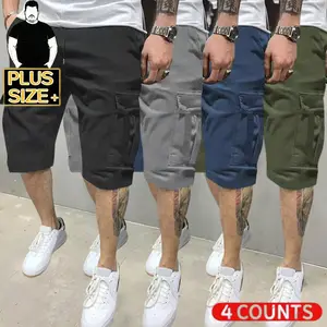 [Plus Size] Men's Cargo Shorts 4-Pack – Black, Grey & Navy Utility Shorts with Multi Pockets, Elastic Waist, Casual Loose Fit for Big & Tall Men (0XL-5XL)