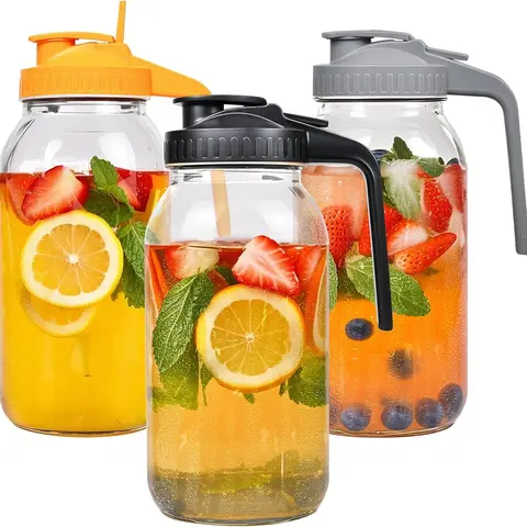 64oz Wide-Mouth Glass Mason Jar Pitcher for Kitchen - Airtight Leak-Proof Lid, Handle, Easy Fill, Microwave-Safe, 3-Jar Set Ready Storage Containers