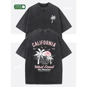 Washed Cotton California Graphic Tee – 230g Soft Vintage Surf Beach Tee with Palm Trees & Retro Print, Loose Fit Summer Casual Shirt for Men Women, Unisex Machine Washable