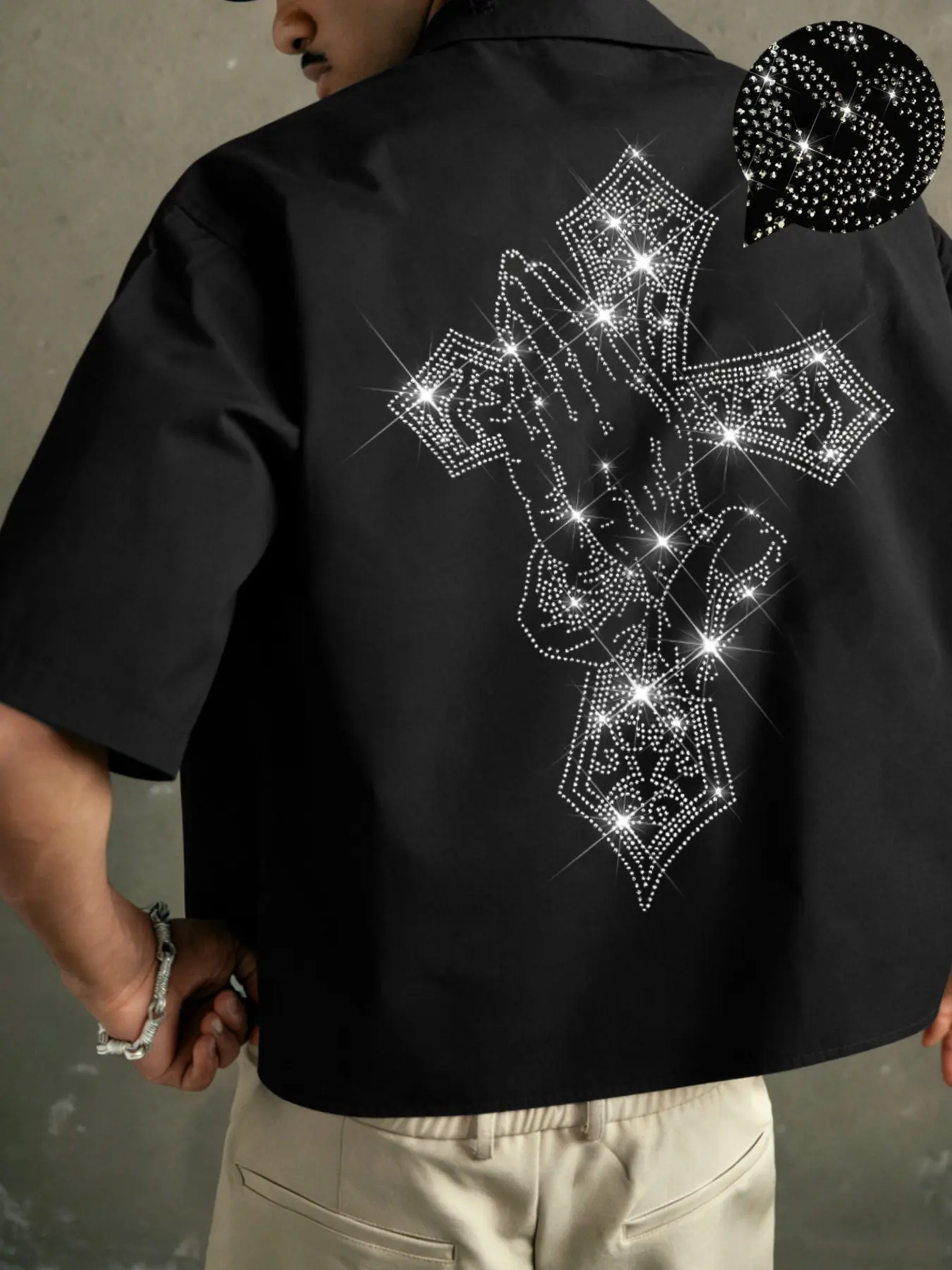 Men's Loose Short Casual Woven Shirt, Rhinestone Cross Print, Button Front, Y2K Street Style, Summer Fashion Top, Menswear, Button Up Front, Casual Streetwear Style