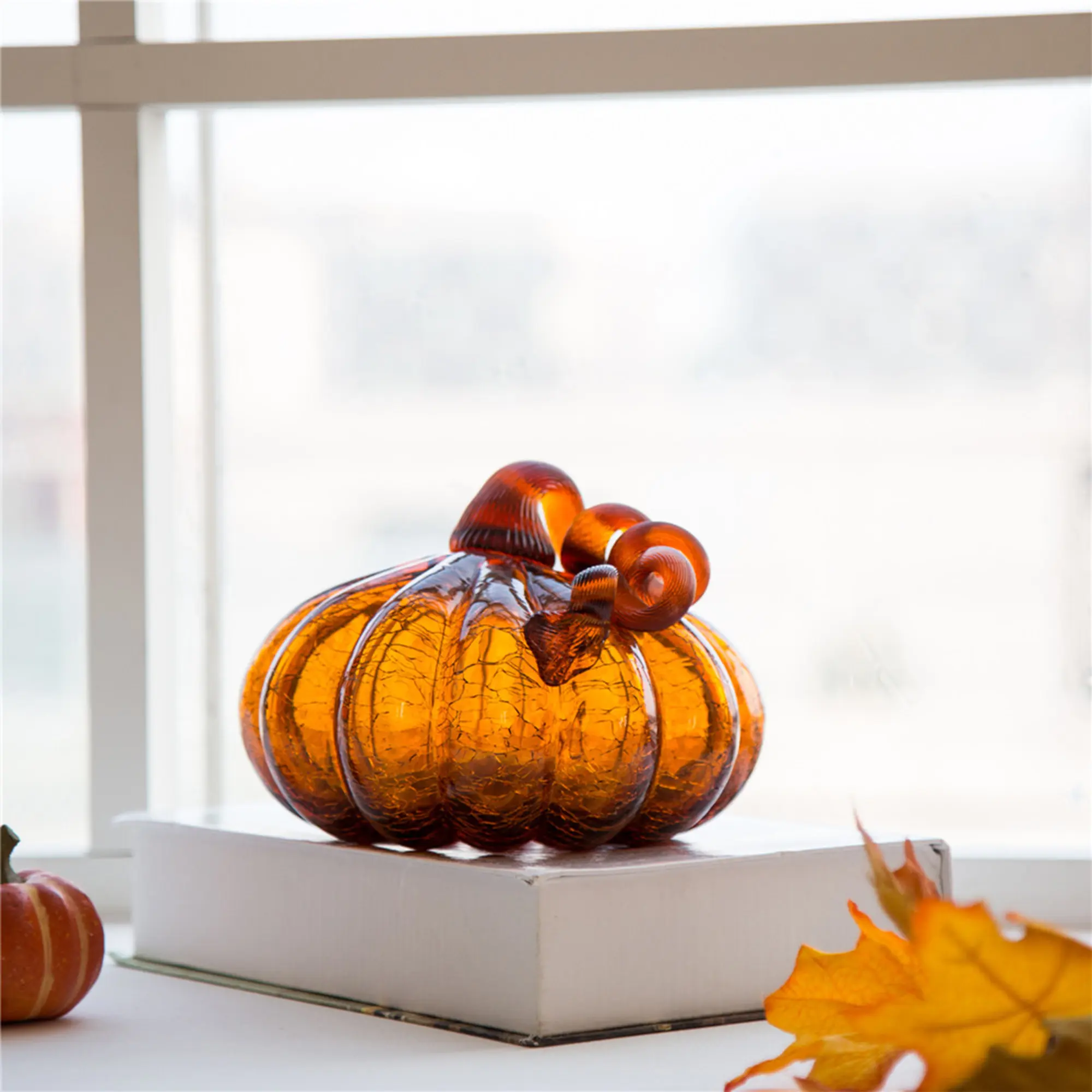 Glitzhome 6.75"D Amber Crackle Glass Pumpkin