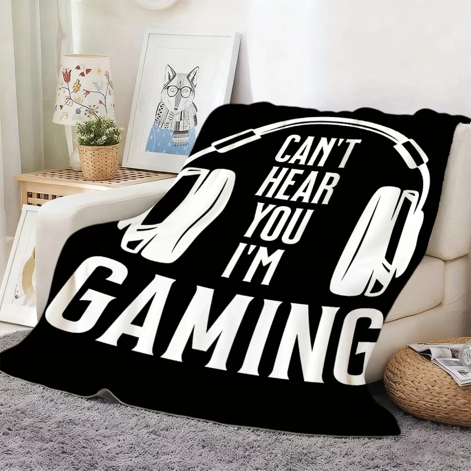 1pc Gaming Bedspread |   Soft Flannel Blanket with "Can't Hear You I'm Gaming" Slogan and Headphones Design, All Season Black White Video Game Theme Bed Cover for Boys Room, Couch, Travel, PC/Laptop Accessory, Christmas Gifts, JOOCAR
