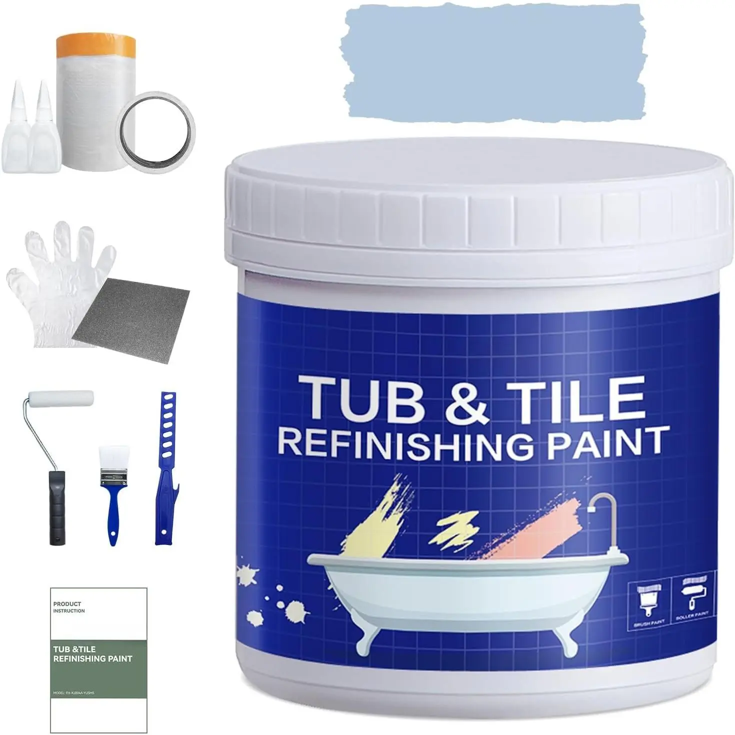 35oz White Water-Based Low-Odor Tub and Tile Refinishing Kit with Tools, Instructions, Hardener - Plastic Sandpaper Included, Quick-Dry Semi-Gloss, Durable, Easy-Cleaning for Bathroom Porcelain, Countertops (50-60sq.ft, Light Blue)