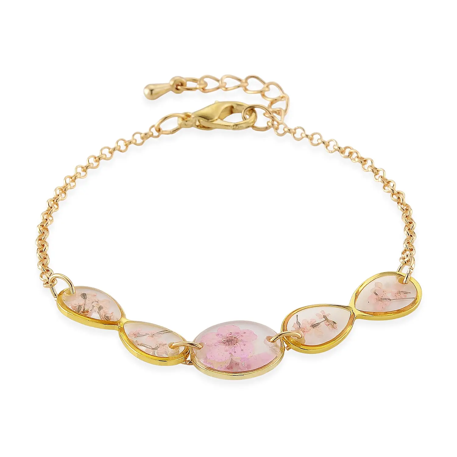 Resin Bracelet with Dry Flowers Filled Round Shaped Charms in Goldtone (7.5-8.5In)