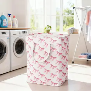 Pink Laundry Basket with Bow, Coquette Pink Laundry Hamper - Tall Cotton Rope Nursery Bin, Large Organizer for, Toys & Clothes for Bedroom & (Square 75L)