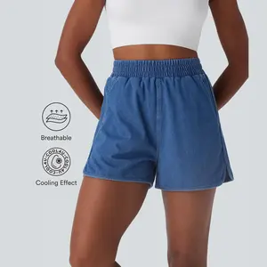 Halara Women's High-Waisted Split Curved Hem Cool-Touch Washed Stretchy Knit Denim Casual Shorts with Pockets