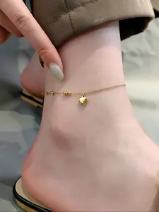 Women's Stainless Steel Beaded Heart Anklet, Casual Daily Accessory Gift, Random Chain Bead Count, All Seasons Wear
