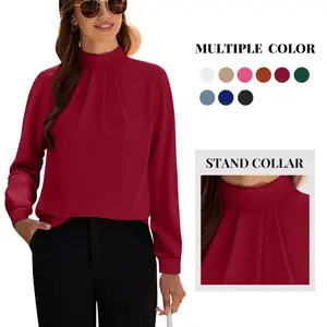 Women's Long Sleeve Chiffon Blouse - Mock Neck, Front Pleated, Fall Trendy Tunic - Soft Fabric, Elegant Design, All Match, Various Occasions, Stand Collar, Multiple Colors plus size fashion #Springfresh