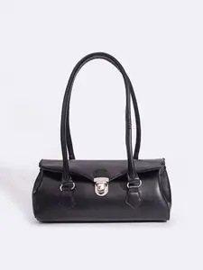 Vintage Punk Black Leather Satchel Bag - Baguette Shoulder Bag Crossbody with Woven Handle, Gothic Party Purse Hobo Shoulder Bag