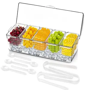 Chilled Condiment Server Caddy with Lid - 5 Removable Compartments, Ice-Chilled Design for Fruit Salad/Bar Garnishes, Portable Serving Tray for Parties, Dishes & Prep Clear Acrylic Condiment Storage Set