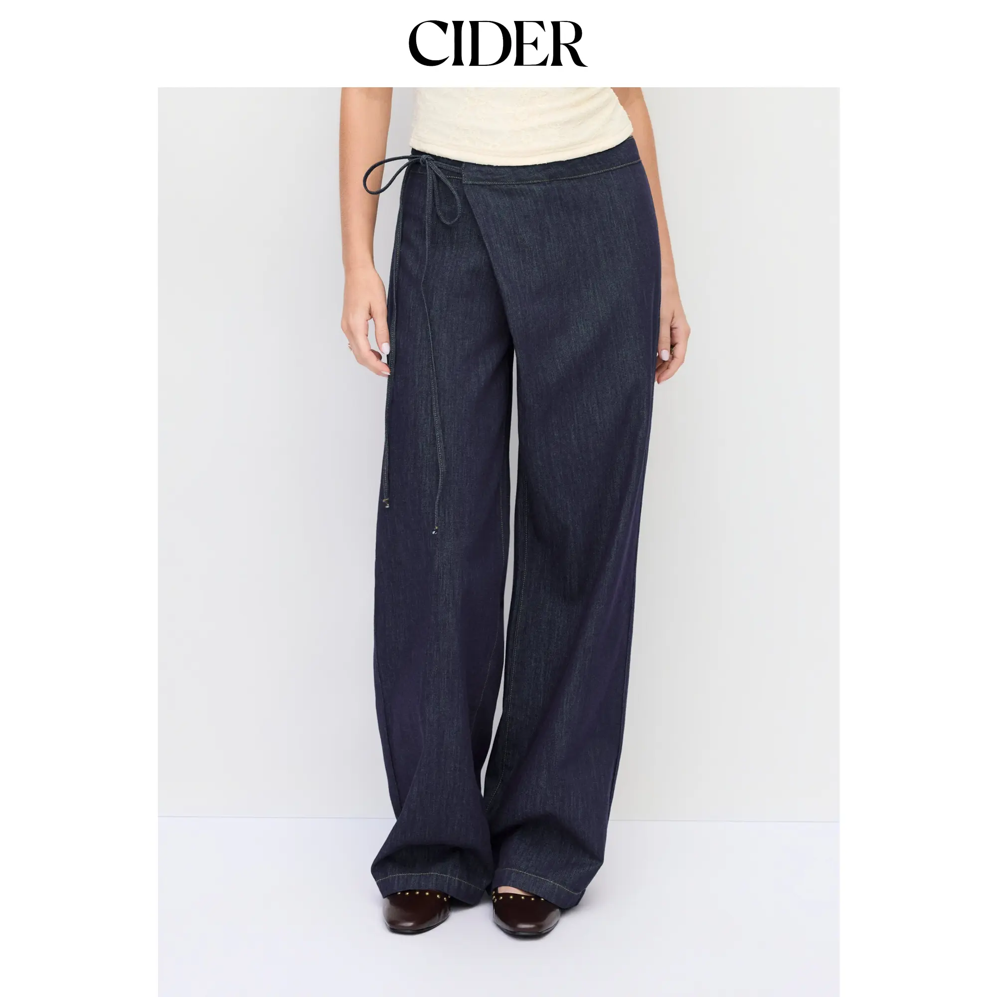 Cider Denim Low Rise Washed Wrap Wide Leg Jeans With Belt