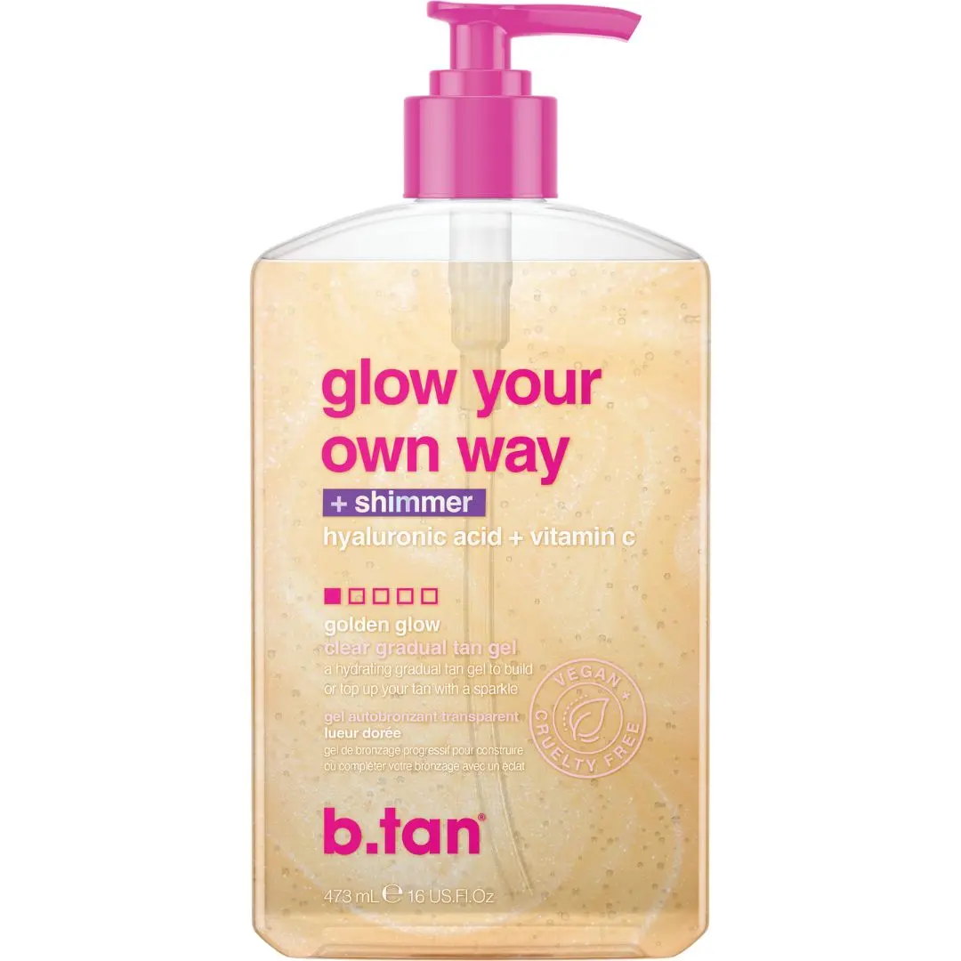 Glow Your Own Way Shimmer | b.tan Clear Gradual Self Tan Gel | Sunkissed Golden Bronze, Transfer Free, Rinse Free, Best Tan Extender, Moisturizing, Buildable Tanner, Self Tanning Body Lotion, Tropical Coconut Scent, Sparkle, Subtle, Natural Looking Tan
