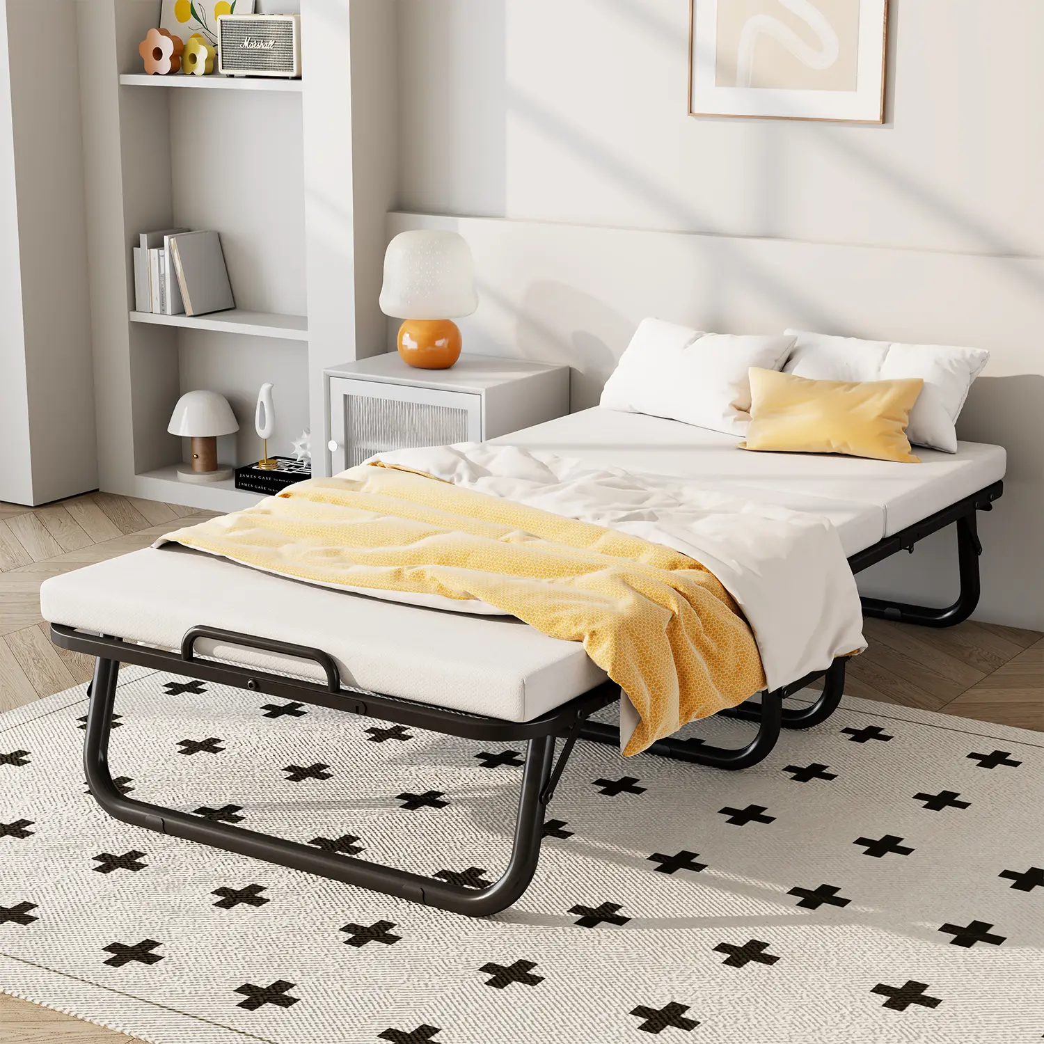 75" Twin Rollaway Bed with Memory Foam Mattress – Folding Guest Bed on Wheels with Metal Frame, White