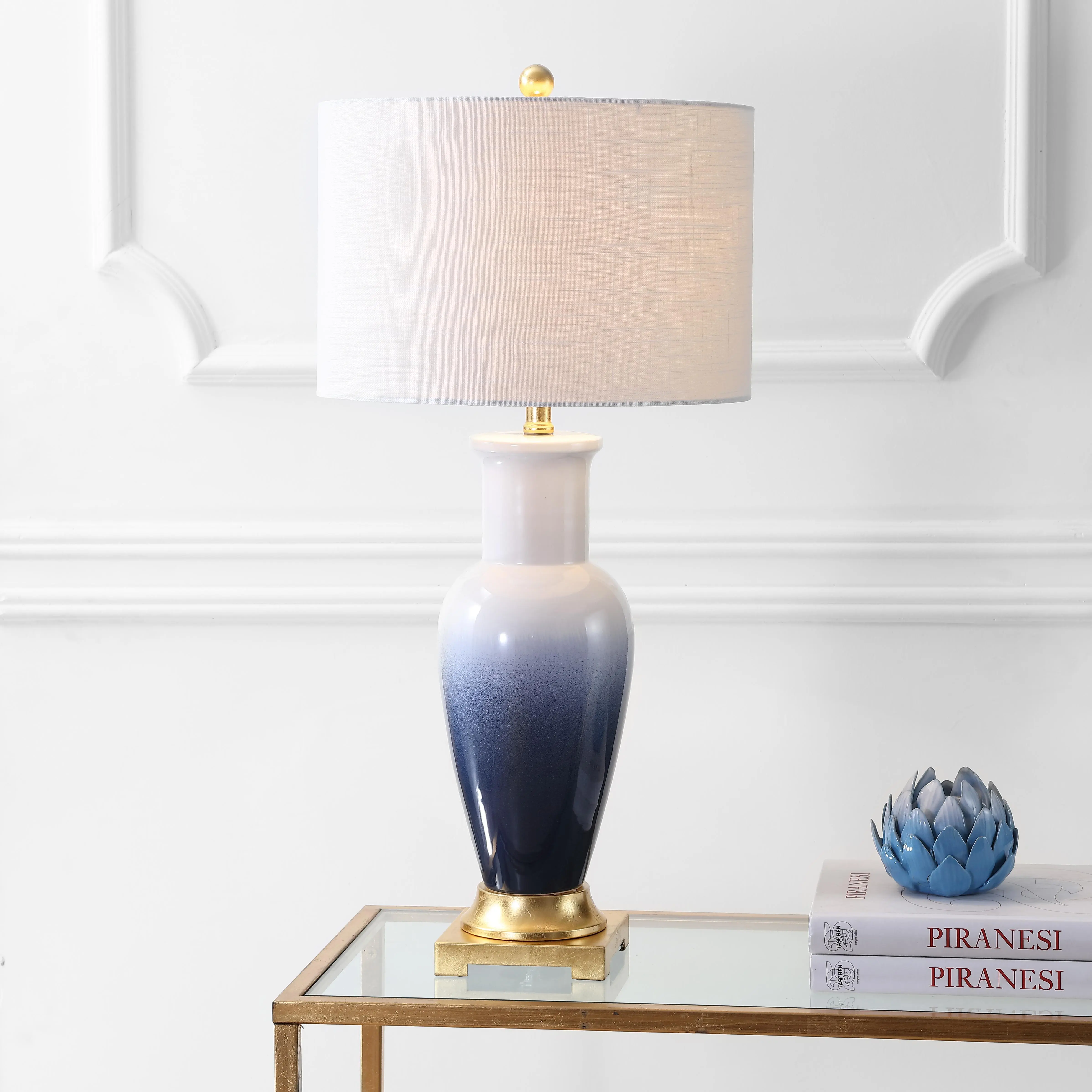 JONATHAN Y Dip Dye 31.5" Ceramic Metal Bedside Table Lamp | Linen Drum Shade, Gold Leaf Finish, Rotary Switch, Coastal Traditional Style, UL Listed, LED Bulb Included
