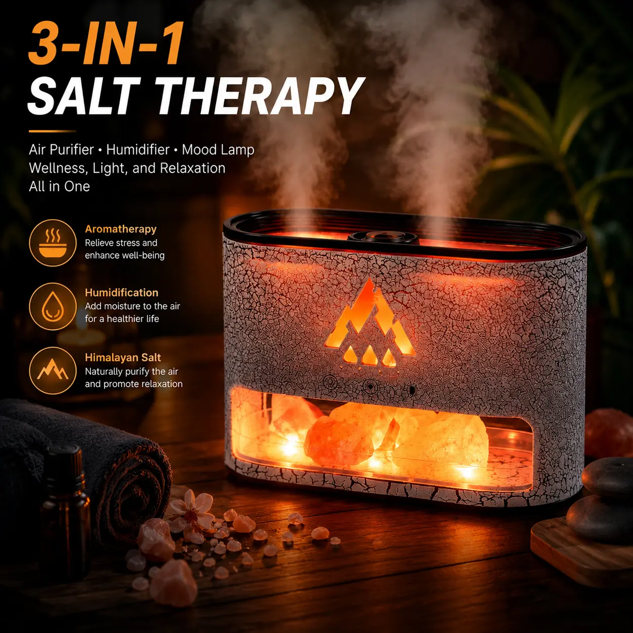 Flame Rock Aromatherapy Machine 250ml Essential Oil Diffuser with Simulated Flame & Jellyfish Mist Colorful LED Lighting Cool Mist Humidifier Timer Auto Off for Home Bedroom Office