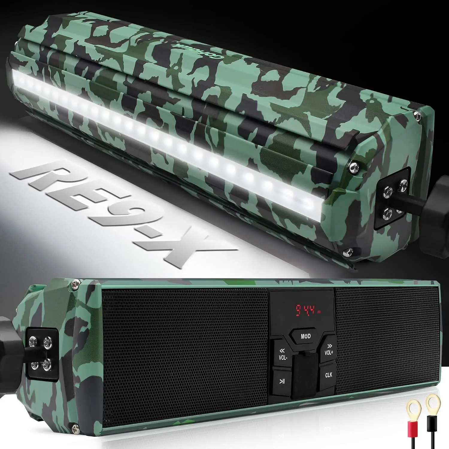 GoHawk Motorcycle Bluetooth Speakers Waterproof with LED Light | Waterproof UTV Audio System with FM Radio, USB MP3 Player, AUX Input, and Compact Handlebar Mount Design.