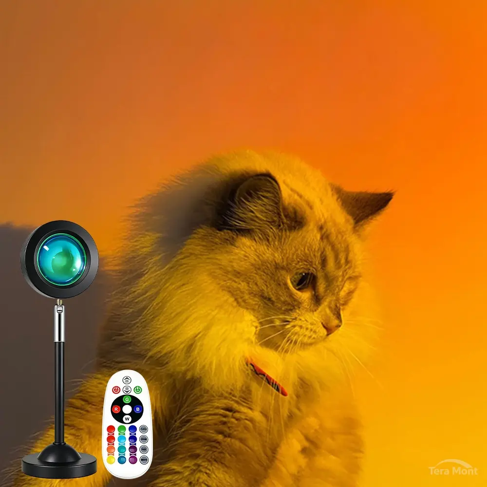 Modern Sunset Lamp Projector, 16 RGB Color Changing Night Light with Remote, Dimmable Low-Voltage Wall-Mount Camping Light for Bedroom, Outdoor Use