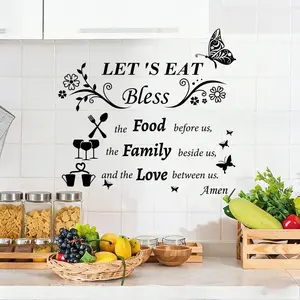 Kitchen Wall Stickers, Wall Art Stickers, Vinyl Prayer Quotes for Dining Room, Let Us Eat Blessing Food Sign, Home Restaurant Decor