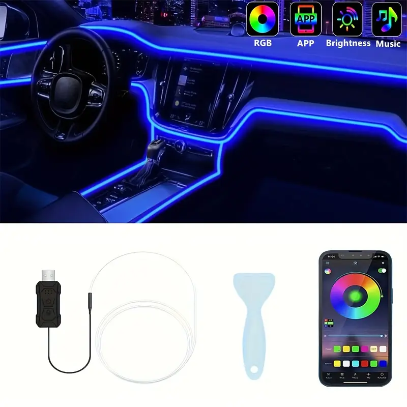 5m (196in) Dynamic Color LED Strip Lights - Vehicle Accessory, Car Atmosphere Lamp, Car Interior Decorations, App Color Control, Music Sync for Dashboard, Door
