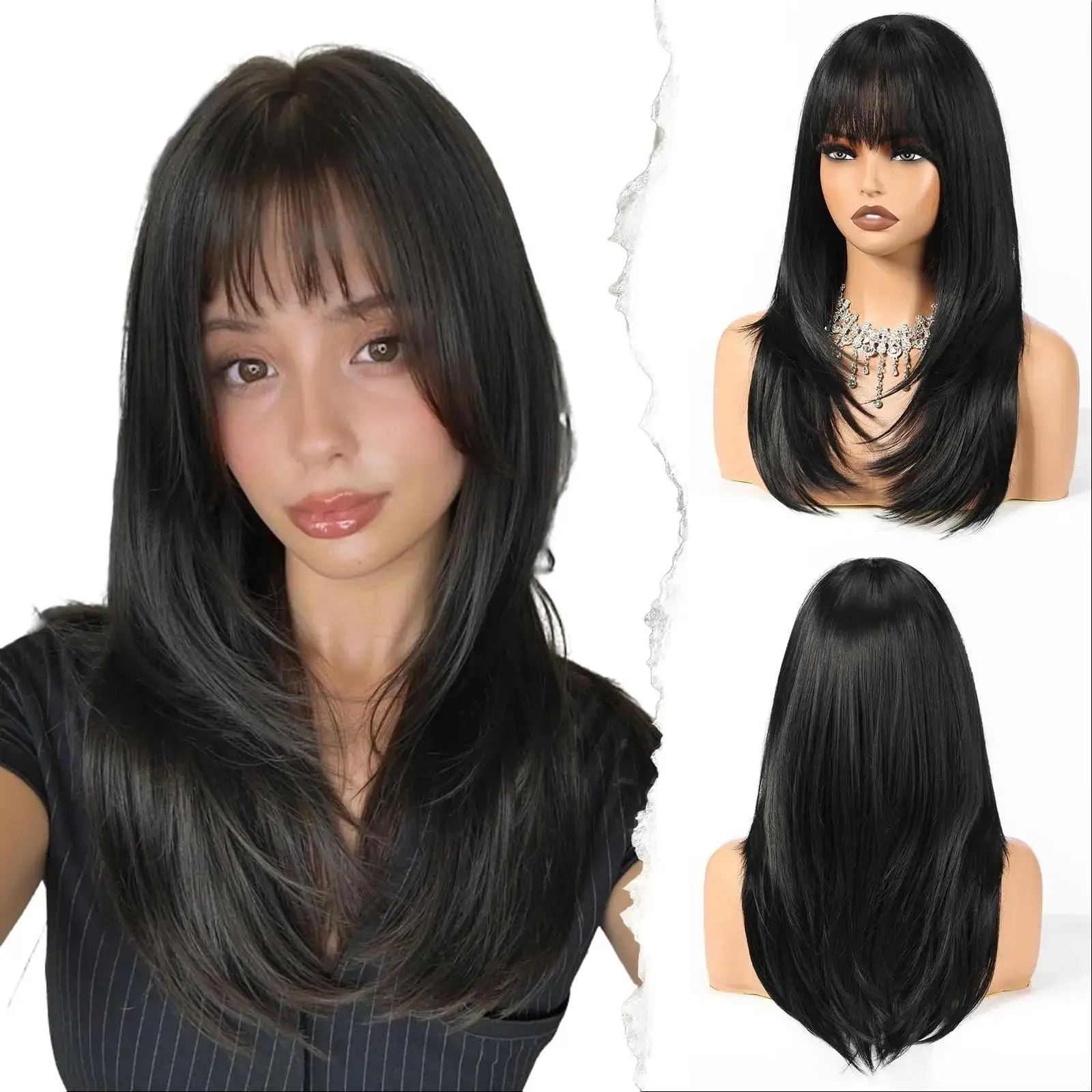 AISI HAIR Wigs for Women Long Straight layered Wig with Bangs Heat Resistant Fiber Synthetic Wigs Daily Natural looking
