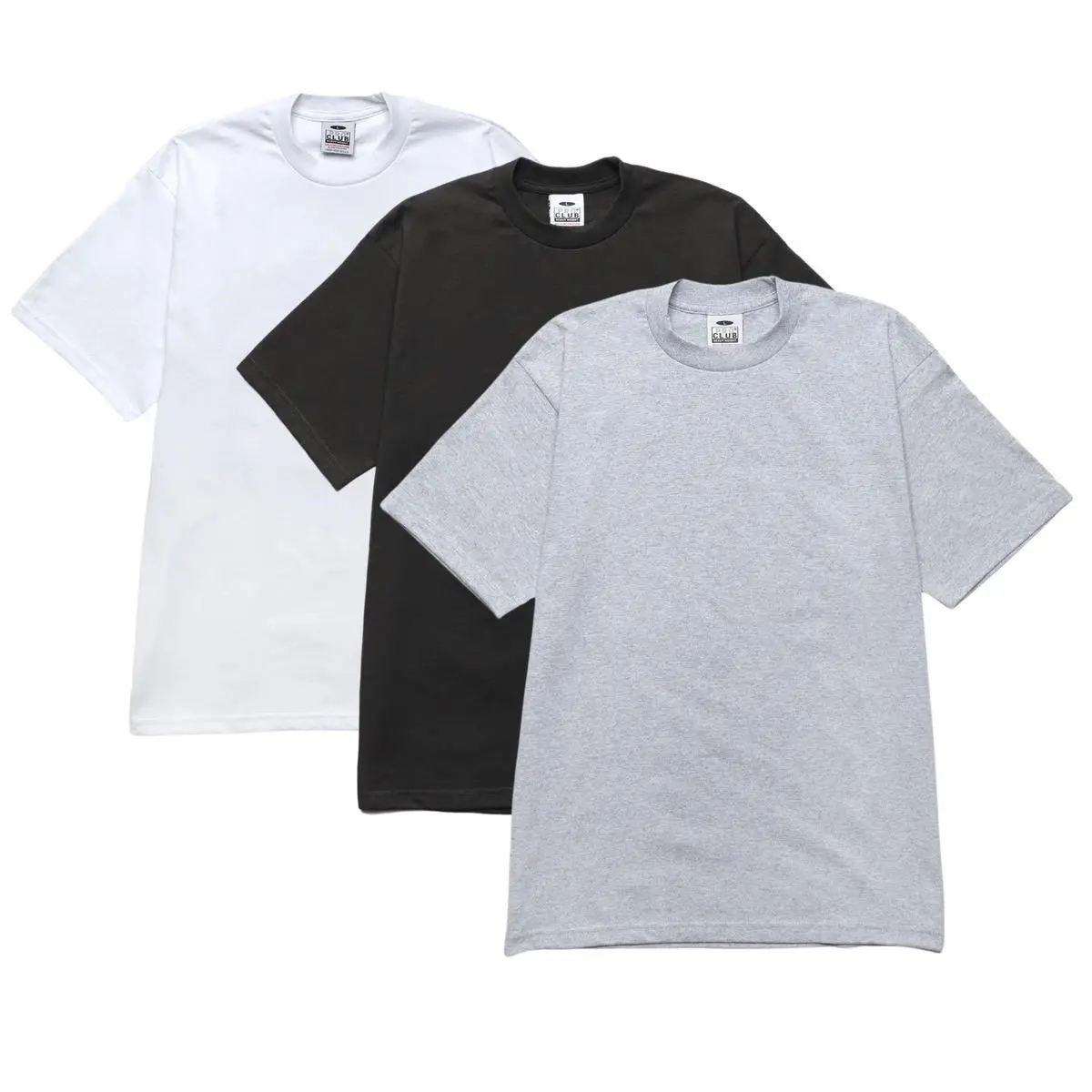 Pro Club Men's Heavyweight Thick Cotton Jersey T-Shirts, 3-Pack Plain Short-Sleeve Crewneck with Tight Collar, Male Clothing, Round Neck, Streetwear, Original, Shortsleeve, Tops, White Black Light Grey, Plussize