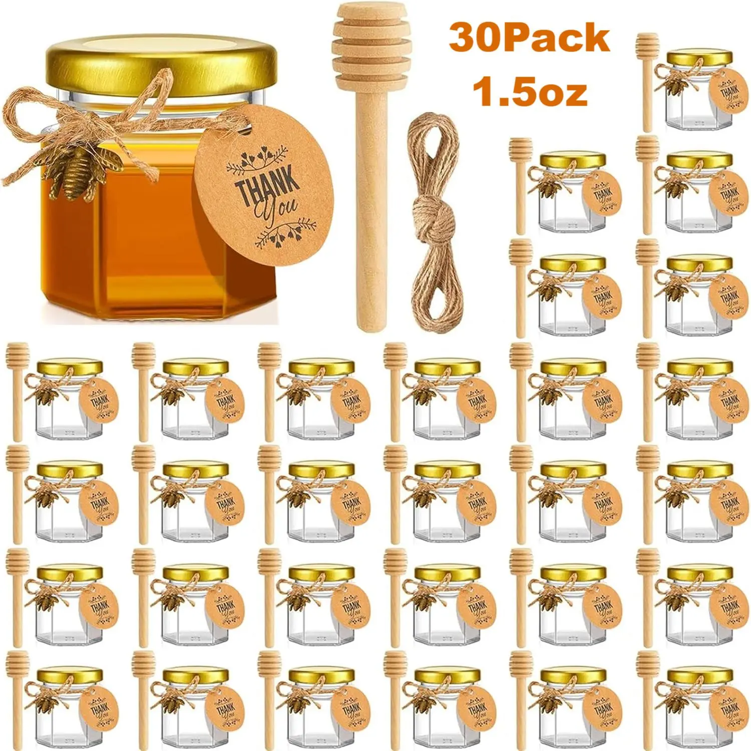 30 Pack 1.5oz Traditional Rectangle Mini Glass Honey Pot Jars with Dippers - Waterproof, Freshness-Maintaining Storage Bottles & Jars, Gold Metal Lids, Bee Pendants, Gold Ribbons, Wooden Accent Compatible, Dishwasher Safe Wedding Gift Containers